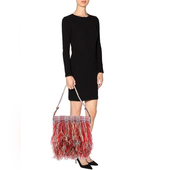 TORY BURCH Red/Blue Fringe "Frayed Tweed"  Hobo 2016 Runway Bag - Picture 1 of 16
